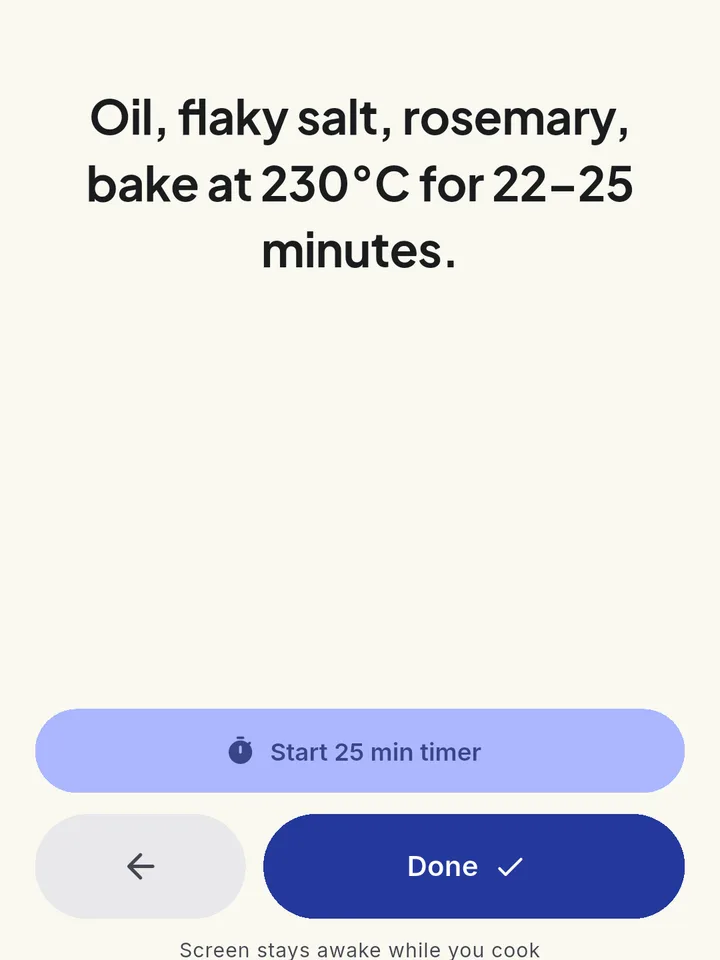 Cook mode: one step in large type, with a 25-minute timer button