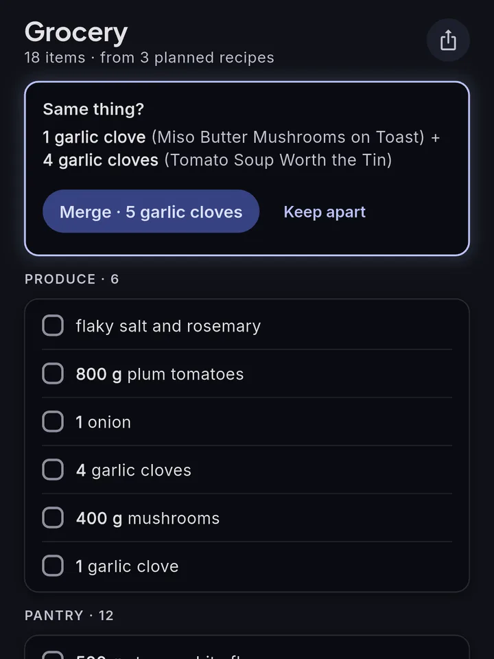 Grocery list of 18 items from 3 recipes, asking whether to merge garlic cloves