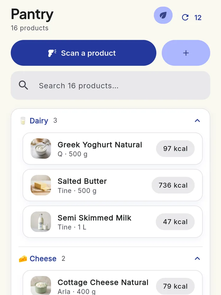 Pantry with a Scan a product button and the dairy shelf open