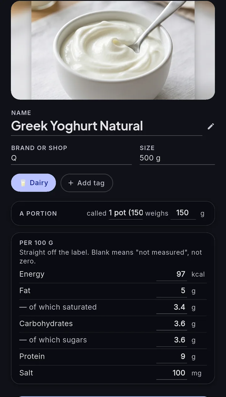 A product page filled from Open Food Facts, nutrition per 100 g