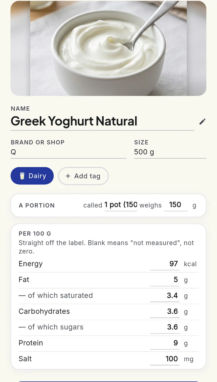 A product page filled from Open Food Facts, nutrition per 100 g