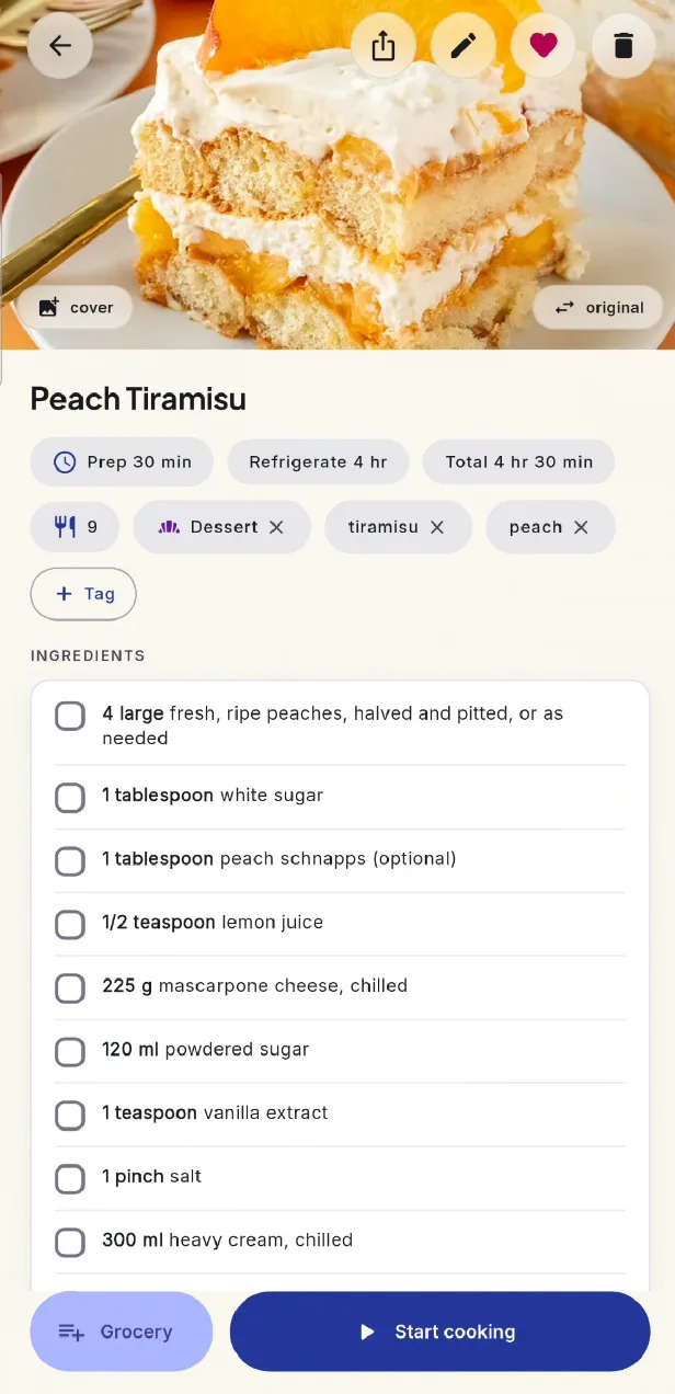 The finished recipe page, converted to metric