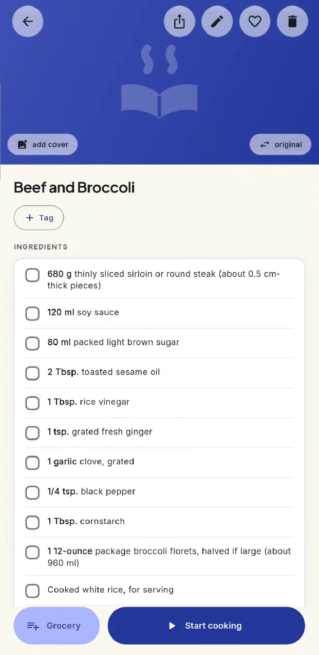 The finished recipe page, converted to metric