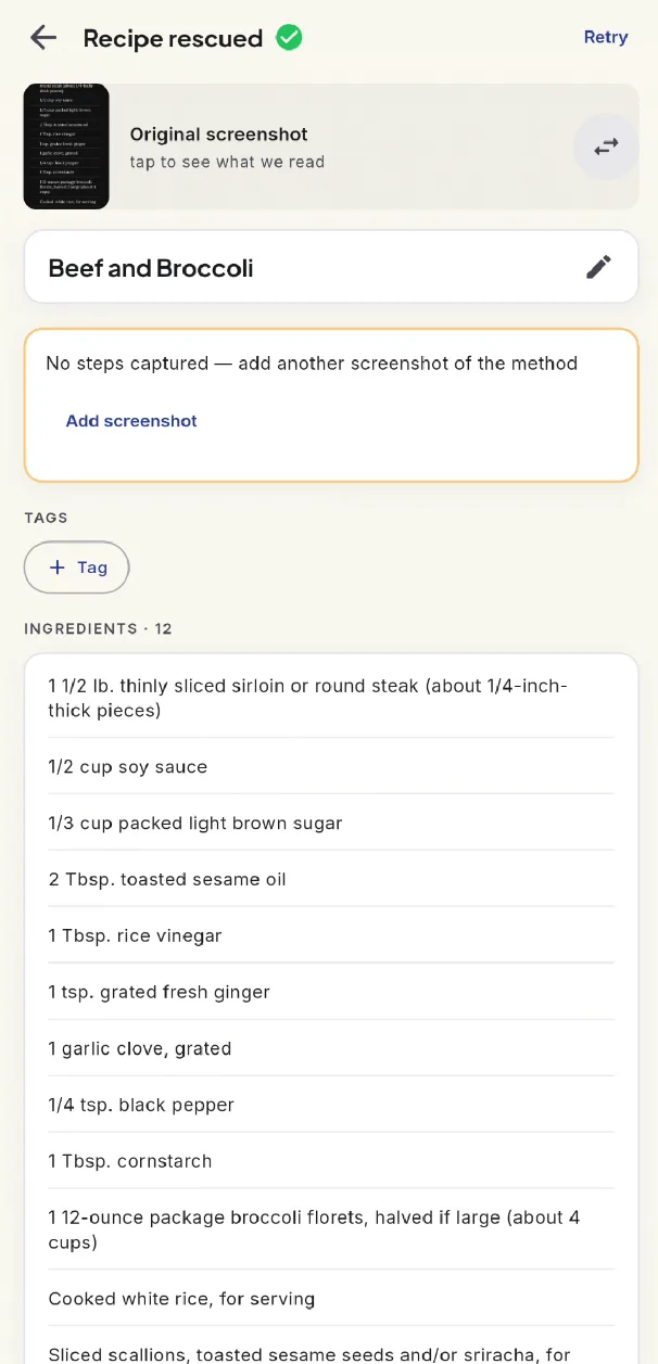 The rescued recipe, shown for review before saving